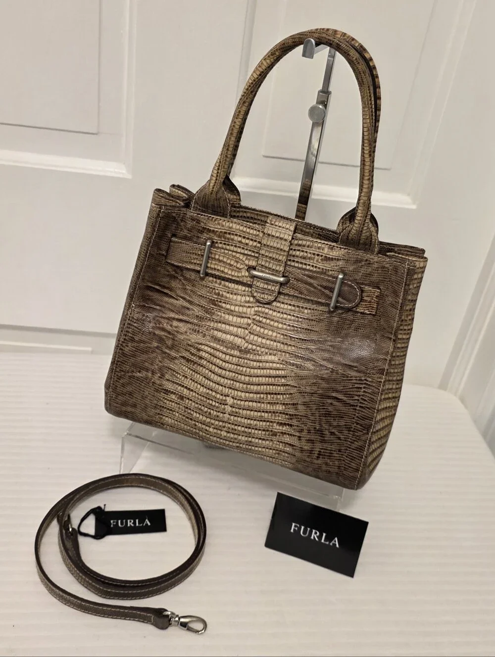 Furla Textured Brown Lizard-Embossed Satchel with Removable Strap Luxury Stylish